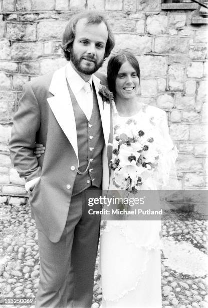 John Peel and wife Sheila Gilhooly at their wedding, Regents Park, London, 31st August 1974.