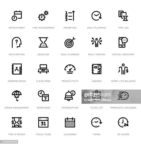 zeitmanagement-linie-icon-set - holzstamm stock-grafiken, -clipart, -cartoons und -symbole