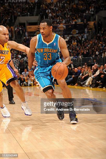Willie Green of the New Orleans Hornets moves the ball against the Los Angeles Lakers during Game Two of the Western Conference Quarterfinals in the...