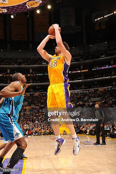 Pau Gasol of the Los Angeles Lakers shoots the ball against the New Orleans Hornets during Game Two of the Western Conference Quarterfinals in the...