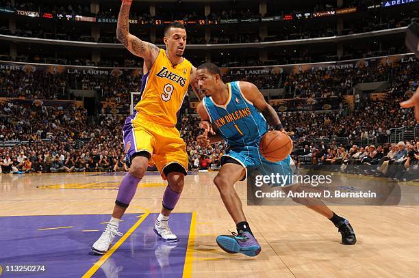 Trevor Ariza of the New Orleans Hornets moves the ball against the Los Angeles Lakers during Game Two of the Western Conference Quarterfinals in the...