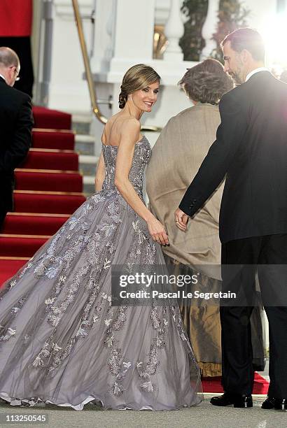 Princess Letizia of Asturias and Prince Felipe of Asturias attend a gala pre-wedding dinner held at the Mandarin Oriental Hyde Park on April 28, 2011...