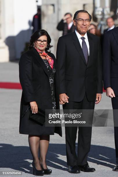 Spanish Royals receive Peruvian president Martin Alberto Vizcarra Cornejo and wife Maribel Diaz Cabello at the Royal Palace on February 27, 2019 in...