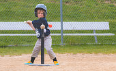Young Child Attempting to Hit a Baseball Off of a Tee During a Baseball Game