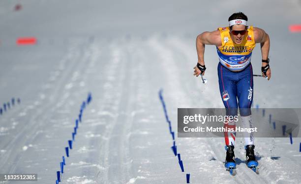 Andrew Musgrave of Great Britain competes in the Cross-Country Men's 15k race of the FIS Nordic World Ski Championships at Langlauf Arena Seefeld on...