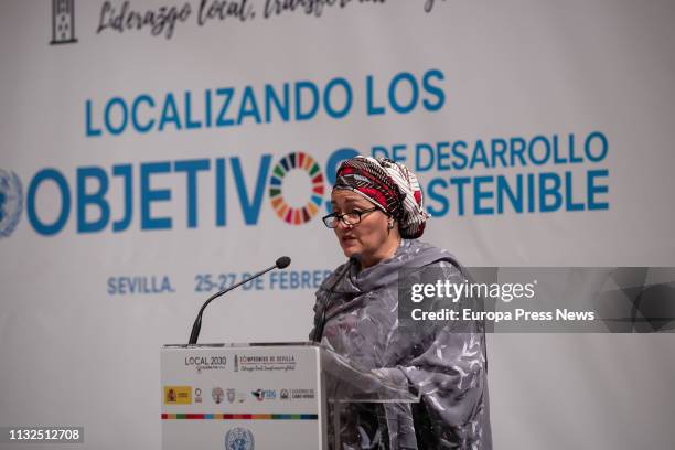 The vice secretary general of the ONU Amina Mohammed speaks during the closing ceremony of the seminar ‘Localizando los Objetivos del Desarrollo...