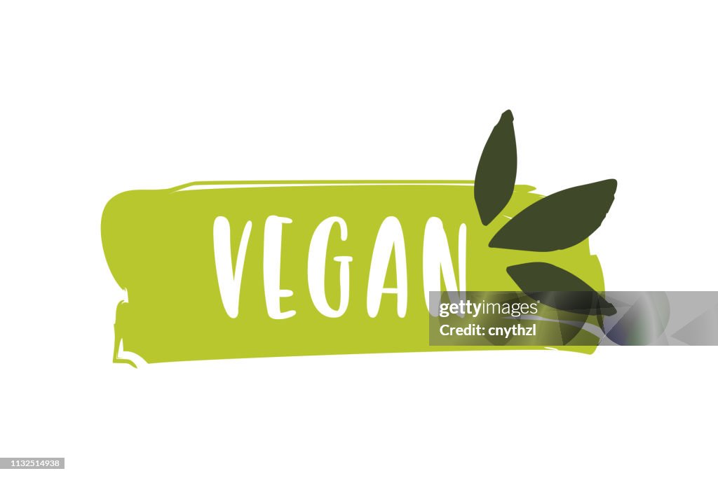 Logotipo vegano. Insignia cruda, sana del alimento, etiqueta para el café, restaurantes y empaquetado