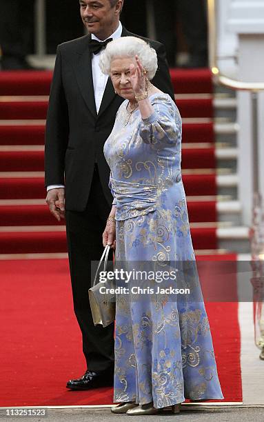 Queen Elizabeth II attends a gala pre-wedding dinner held at the Mandarin Oriental Hyde Park on April 28, 2011 in London, England.