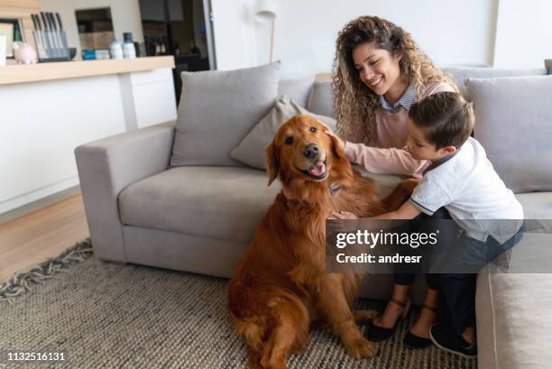 feliz madre e hijo en casa acariciando su perro - mascota fotografías e imágenes de stock