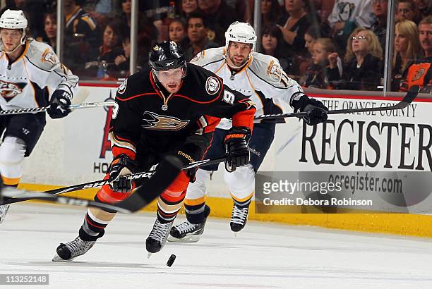Bobby Ryan of the Anaheim Ducks chases the puck down against the Nashville Predators in Game Five of the Western Conference Quarterfinals during the...