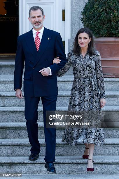 King Felipe VI of Spain and Queen Letizia of Spain receive Peruvian President Martin Alberto Vizcarra at the Zarzuela Palace on February 27, 2019 in...