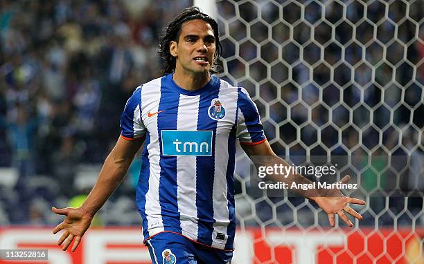 Radamel Falcao of FC Porto celebrates after scoring his side third goal during the UEFA Europa League semi final first leg match between FC Porto and...