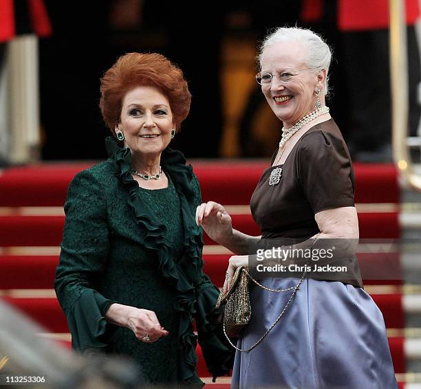 Lady Elizabeth Anson and Queen Margrethe II of Denmark attend a gala pre-wedding dinner held at the Mandarin Oriental Hyde Park on April 28, 2011 in...