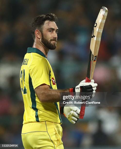 Glenn Maxwell of Australia celebrates scoring his fifty runs during game two of the T20I Series between India and Australia at M. Chinnaswamy Stadium...