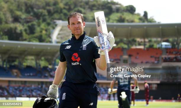 England captain Eoin Morgan salutes the crowd as he leaves the field during the 4th One Day International match between the West Indies and England...