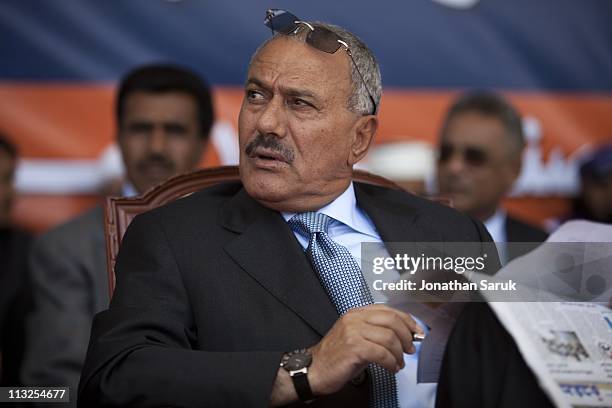 President Ali Abdullah Saleh waits to give a speech to thousands of supporters on March 10, 2011 in Sana, Yemen. Thousands of Yemenis have been...