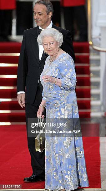 Queen Elizabeth II attends a gala pre-wedding dinner held at the Mandarin Oriental Hyde Park on the eve of the Royal Wedding of Prince William to...