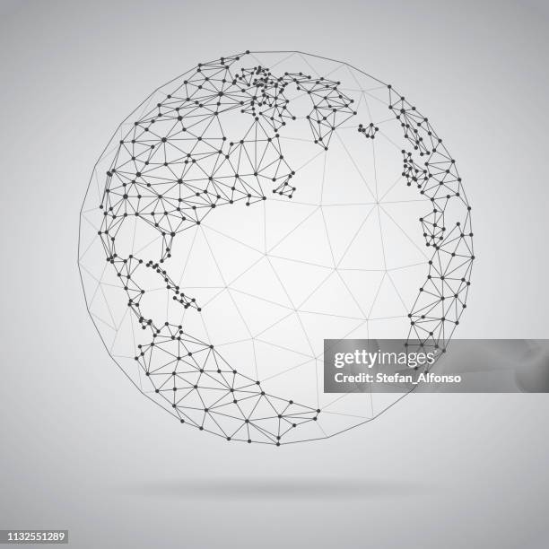 illustrazioni stock, clip art, cartoni animati e icone di tendenza di illustrazione della terra poligonale bassa. pianeta fatto di linee su sfondo blu scuro - modalità wire frame
