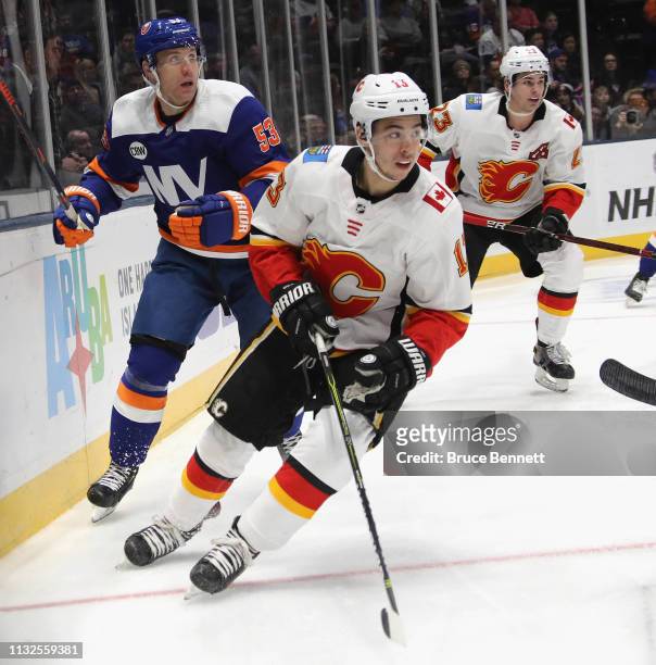 Johnny Gaudreau of the Calgary Flames skates against the New York islanders at NYCB Live's Nassau Coliseum on February 26, 2019 in Uniondale, New...