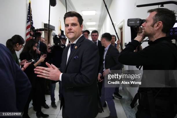 Rep. Matt Gaetz speaks to members of the media outside the hearing Michael Cohen, former attorney and fixer for President Donald Trump, testifies at...