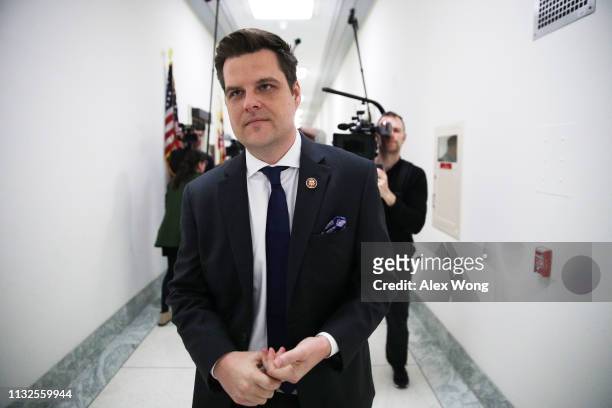 Rep. Matt Gaetz speaks to members of the media outside the hearing Michael Cohen, former attorney and fixer for President Donald Trump, testifies at...
