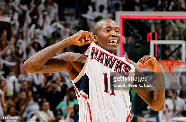 Jamal Crawford of the Atlanta Hawks reacts after their 84-81 win over the Orlando Magic during Game Six of the Eastern Conference Quarterfinals in...