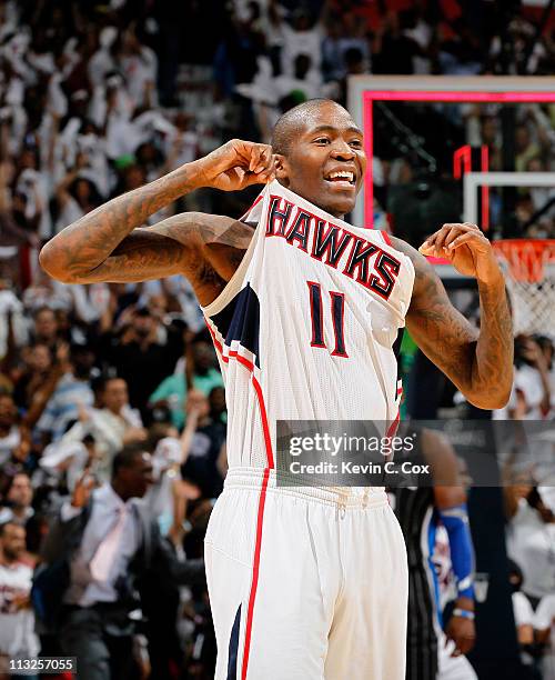 Jamal Crawford of the Atlanta Hawks reacts after their 84-81 win over the Orlando Magic during Game Six of the Eastern Conference Quarterfinals in...