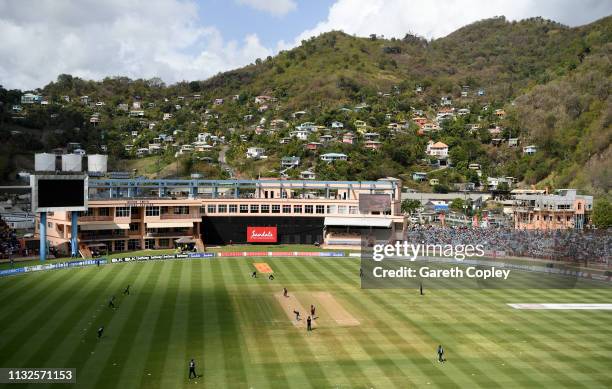 General view of play during the 4th One Day International match between the West Indies and England at Grenada National Stadium on February 27, 2019...