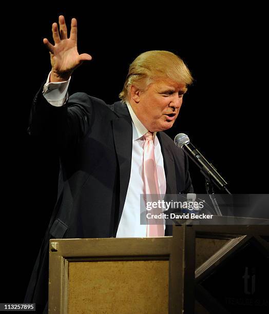 Chairman and President of the Trump Organization Donald Trump speaks to several GOP women's group at the Treasure Island Hotel & Casino April 28,...