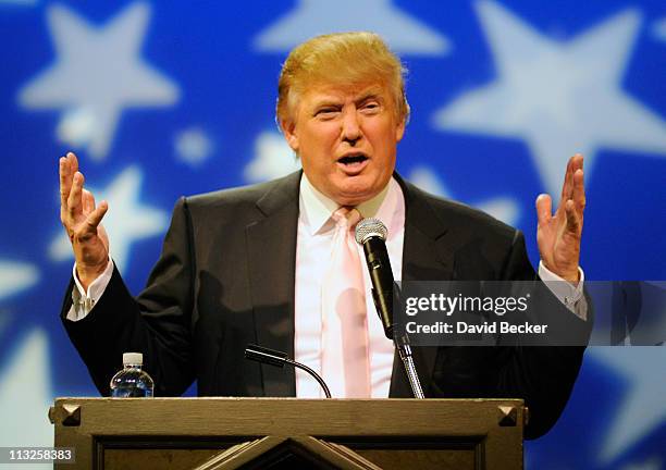 Chairman and President of the Trump Organization, Donald Trump, speaks to several GOP women's group at the Treasure Island Hotel & Casino April 28,...