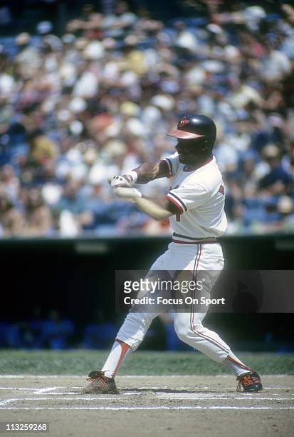 Al Bumbry of the Baltimore Orioles swings at a pitch during a Major League Baseball game circa 1974 at Memorial Stadium in Baltimore, Maryland....