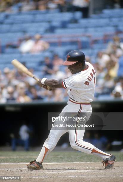 Al Bumbry of the Baltimore Orioles swings at a pitch during a Major League Baseball game circa 1974 at Memorial Stadium in Baltimore, Maryland....