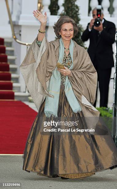 Queen Sofia of Spain attends a gala pre-wedding dinner held at the Mandarin Oriental Hyde Park on April 28, 2011 in London, England.