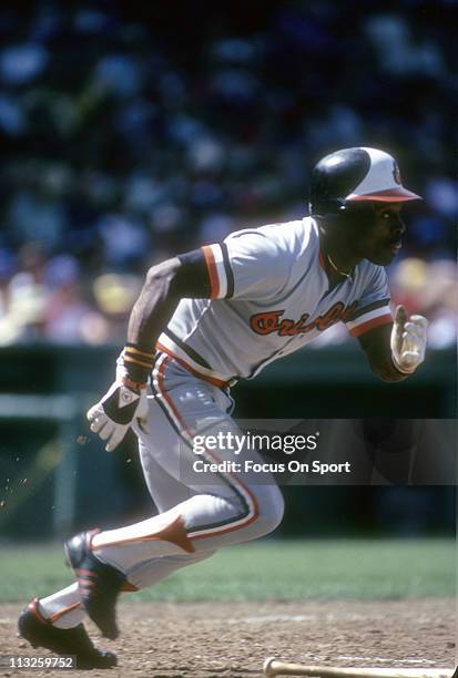 Al Bumbry of the Baltimore Orioles puts the ball in play and races towards first base during a Major League Baseball game circa 1975. Bumbry played...