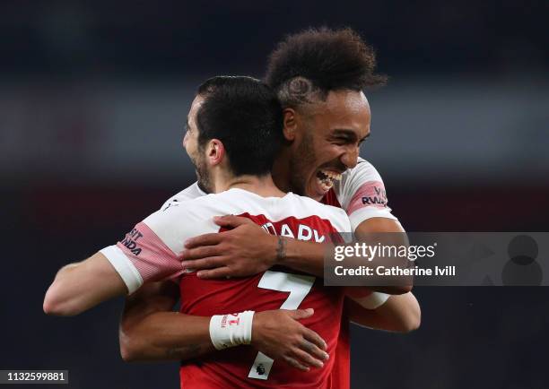 Henrikh Mkhitaryan of Arsenal celebrates after scoring his team's second goal with Pierre-Emerick Aubameyang of Arsenal during the Premier League...
