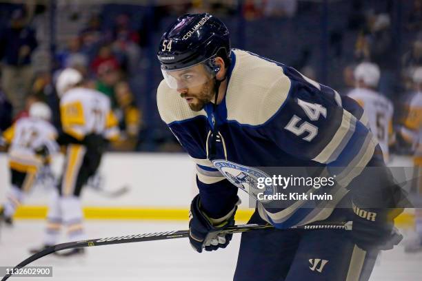 Adam McQuaid of the Columbus Blue Jackets warms up prior to the start of the game against the Pittsburgh Penguins on February 26, 2019 at Nationwide...