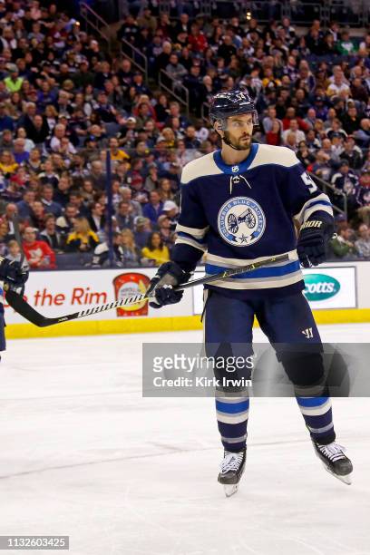 Adam McQuaid of the Columbus Blue Jackets lines up for a face off during the game against the Pittsburgh Penguins on February 26, 2019 at Nationwide...