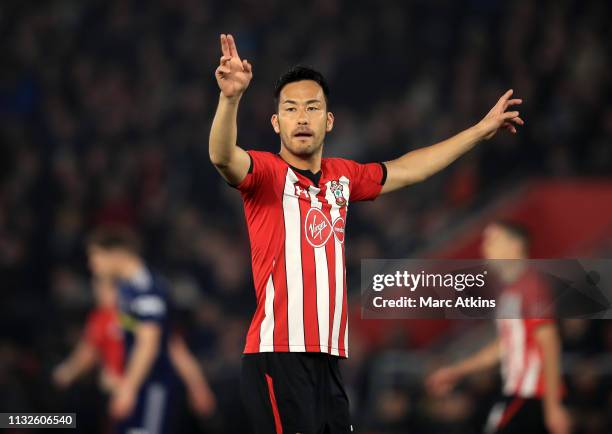 Maya Yoshida of Southampton reacts during the Premier League match between Southampton FC and Fulham FC at St Mary's Stadium on February 27, 2019 in...