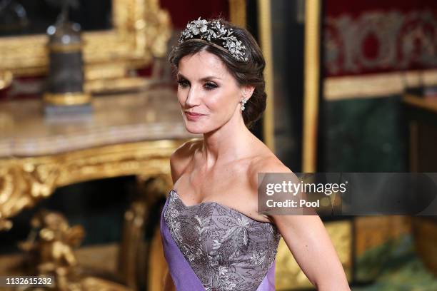 Queen Letizia of Spain attends a Gala Dinner in honour of Peruvian President Martin Alberto Vizcarra and wife at the Royal Palace on February 27,...