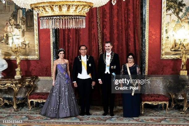 King Felipe VI of Spain and Queen Letizia of Spain receive Peruvian President Martin Alberto Vizcarra and wife Maribel Diaz Cabello for a Gala Dinner...