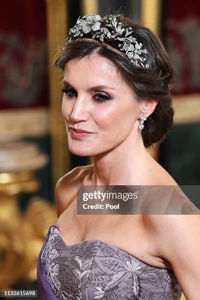 Queen Letizia of Spain attends a Gala Dinner in honour of Peruvian President Martin Alberto Vizcarra and wife at the Royal Palace on February 27,...