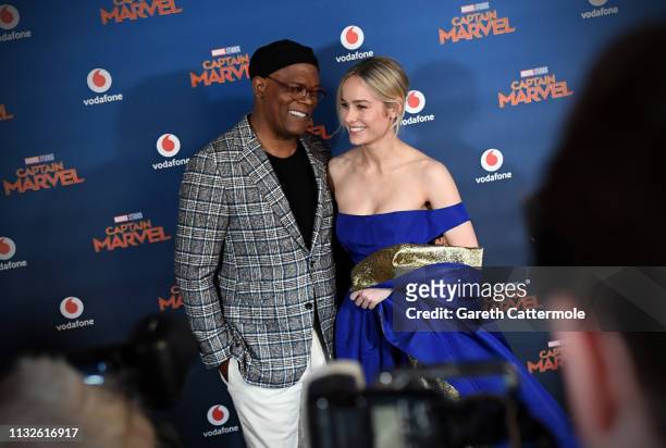 Brie Larson and Samuel L. Jackson attend the UK Gala Screening of Marvel Studios' "Captain Marvel" at The Curzon Mayfair on February 27, 2019 in...