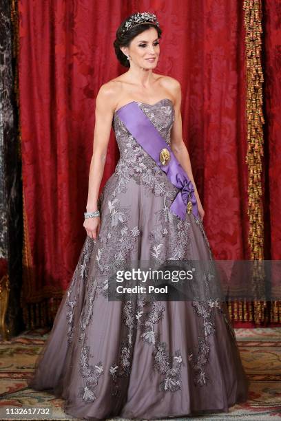 Queen Letizia of Spain attends a Gala Dinner in honour of Peruvian President Martin Alberto Vizcarra and wife at the Royal Palace on February 27,...