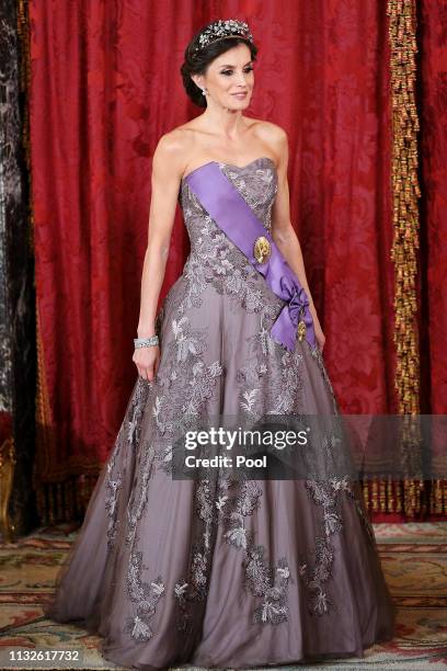 Queen Letizia of Spain attends a Gala Dinner in honour of Peruvian President Martin Alberto Vizcarra and wife at the Royal Palace on February 27,...