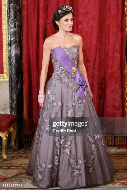 Queen Letizia of Spain attends a Gala Dinner in honour of Peruvian President Martin Alberto Vizcarra and wife at the Royal Palace on February 27,...