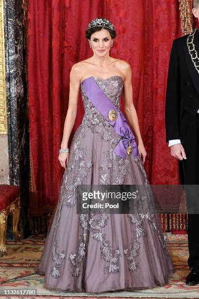 Queen Letizia of Spain attends a Gala Dinner in honour of Peruvian President Martin Alberto Vizcarra and wife at the Royal Palace on February 27,...