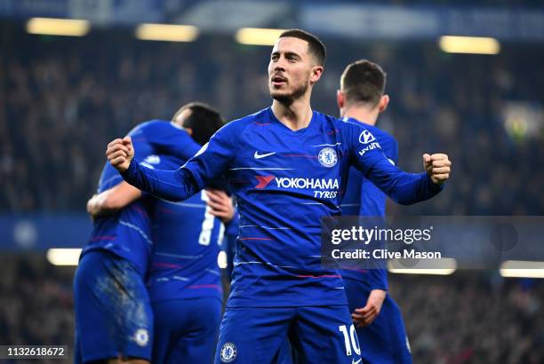 Eden Hazard of Chelsea celebrates his sides first goal the Premier League match between Chelsea FC and Tottenham Hotspur at Stamford Bridge on...