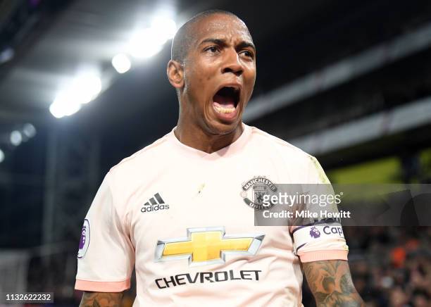 Ashley Young of Manchester United celebrates after scoring his team's third goal during the Premier League match between Crystal Palace and...