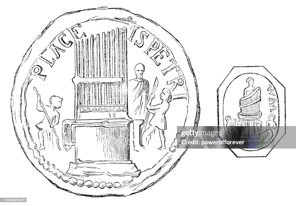 Ancient Coin and Grave Stone with Image of a Hydraulis - 12th Century