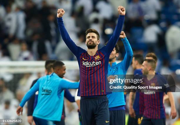 Gerard Pique of Barcelona celebrates after the Copa del Rey Semi Final second leg match between Real Madrid and FC Barcelona at Santiago Bernabeu on...